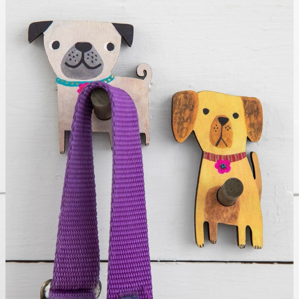 Set of two new with tags adhesive mini wooden wall dog hooks